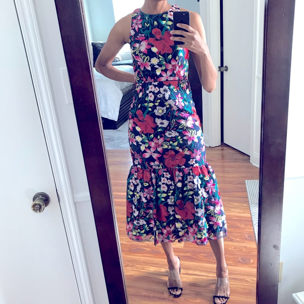 Gianni Bini navy midi dress Embroidered red, pink, yellow, green florals